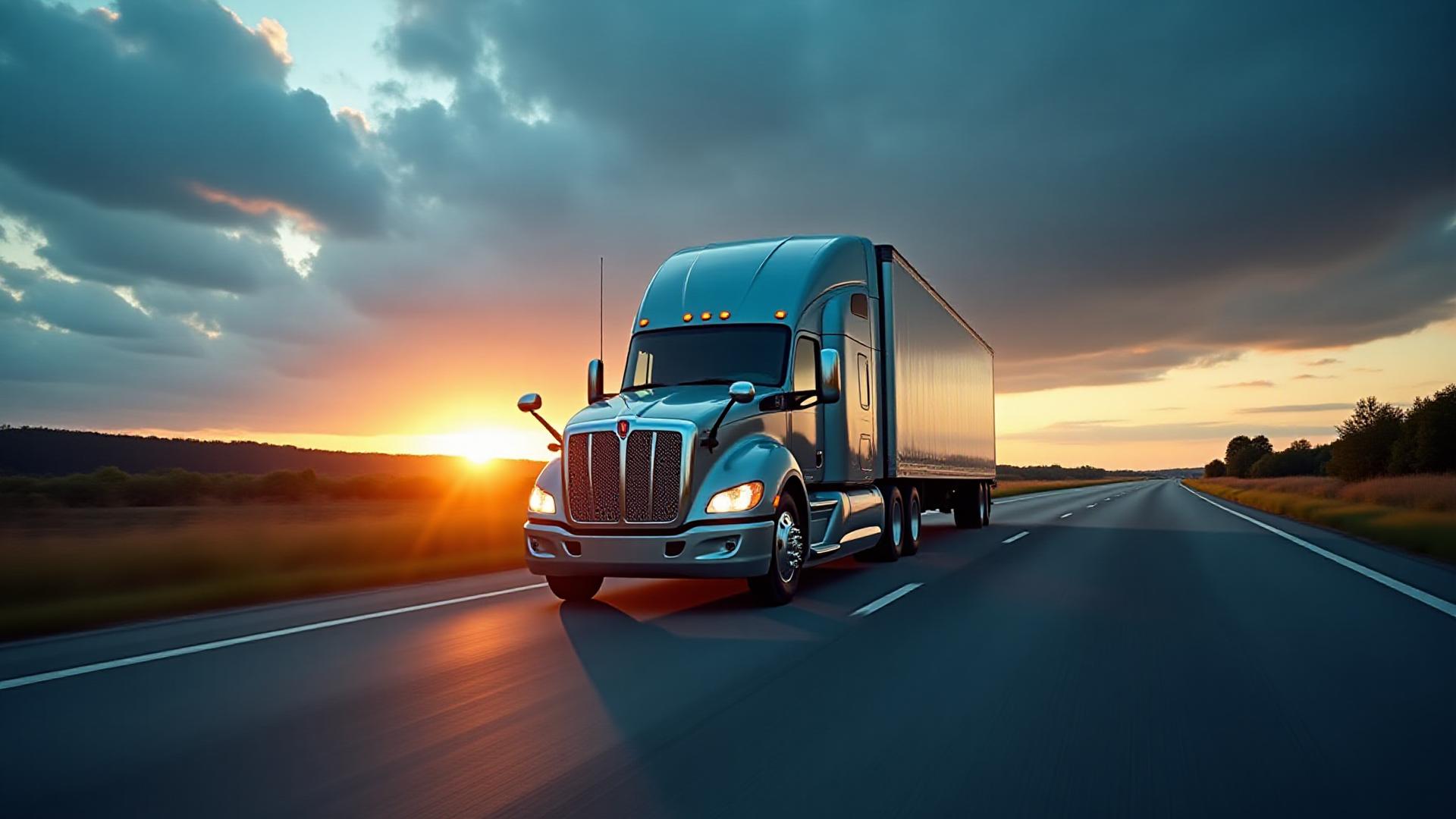 Modern Big C semi-truck logistics on a North Carolina highway at dawn