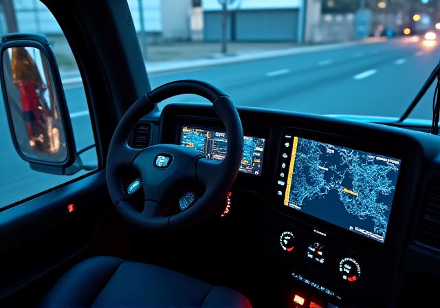 Modern truck cockpit featuring digital dashboard and ELD interface