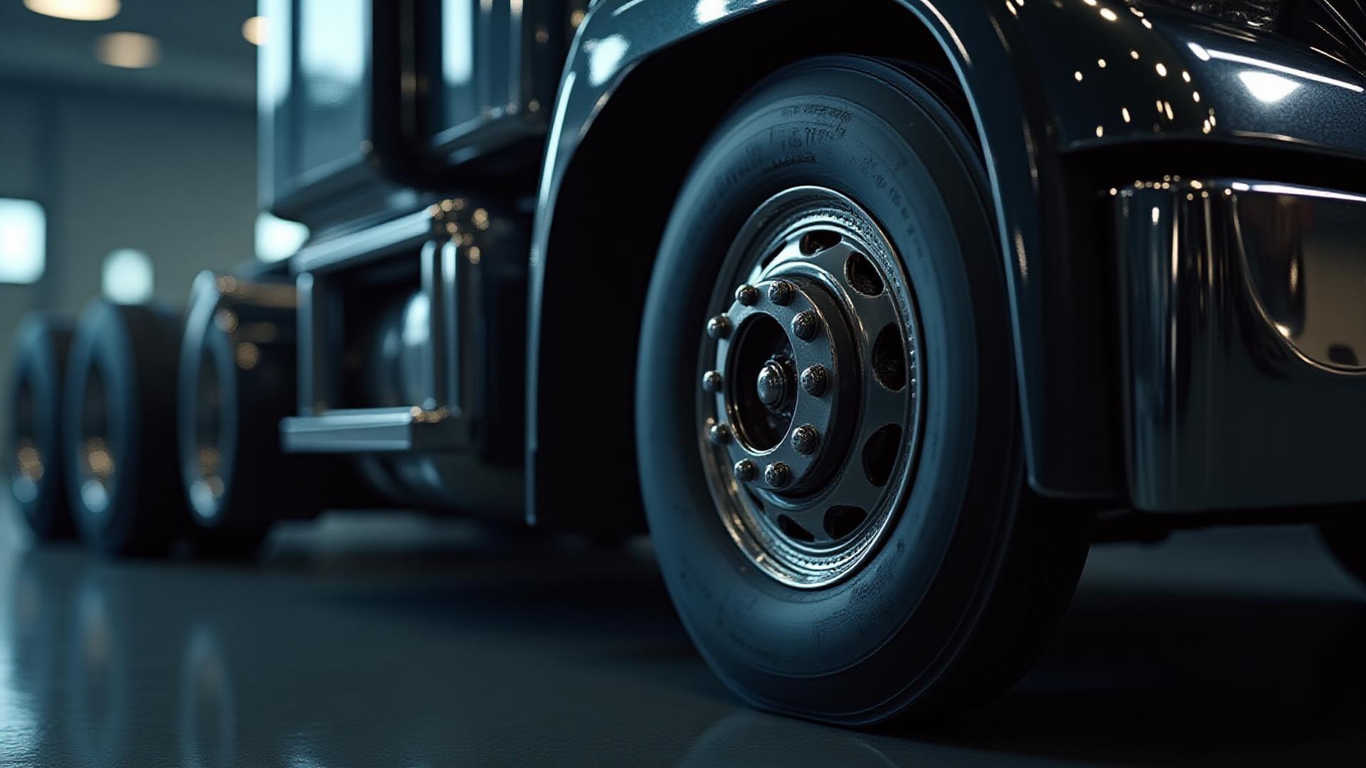 Close-up of a perfectly maintained heavy-duty truck wheel and chassis