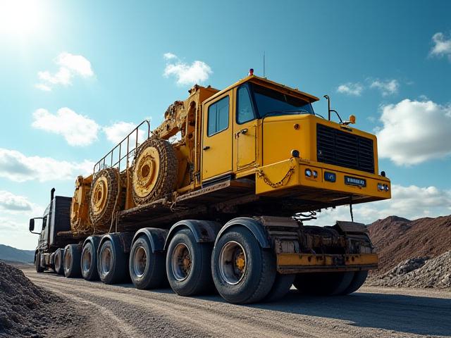 Massive construction equipment being transported on a specialized heavy haul trailer