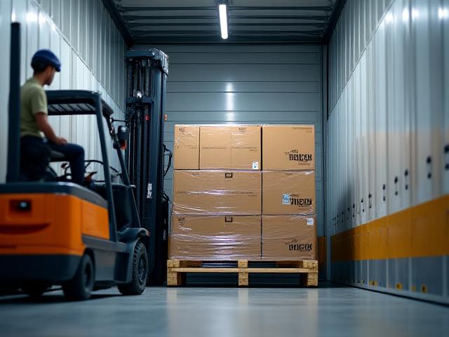 Forklift operator moving a pallet inside a clean freight trailer